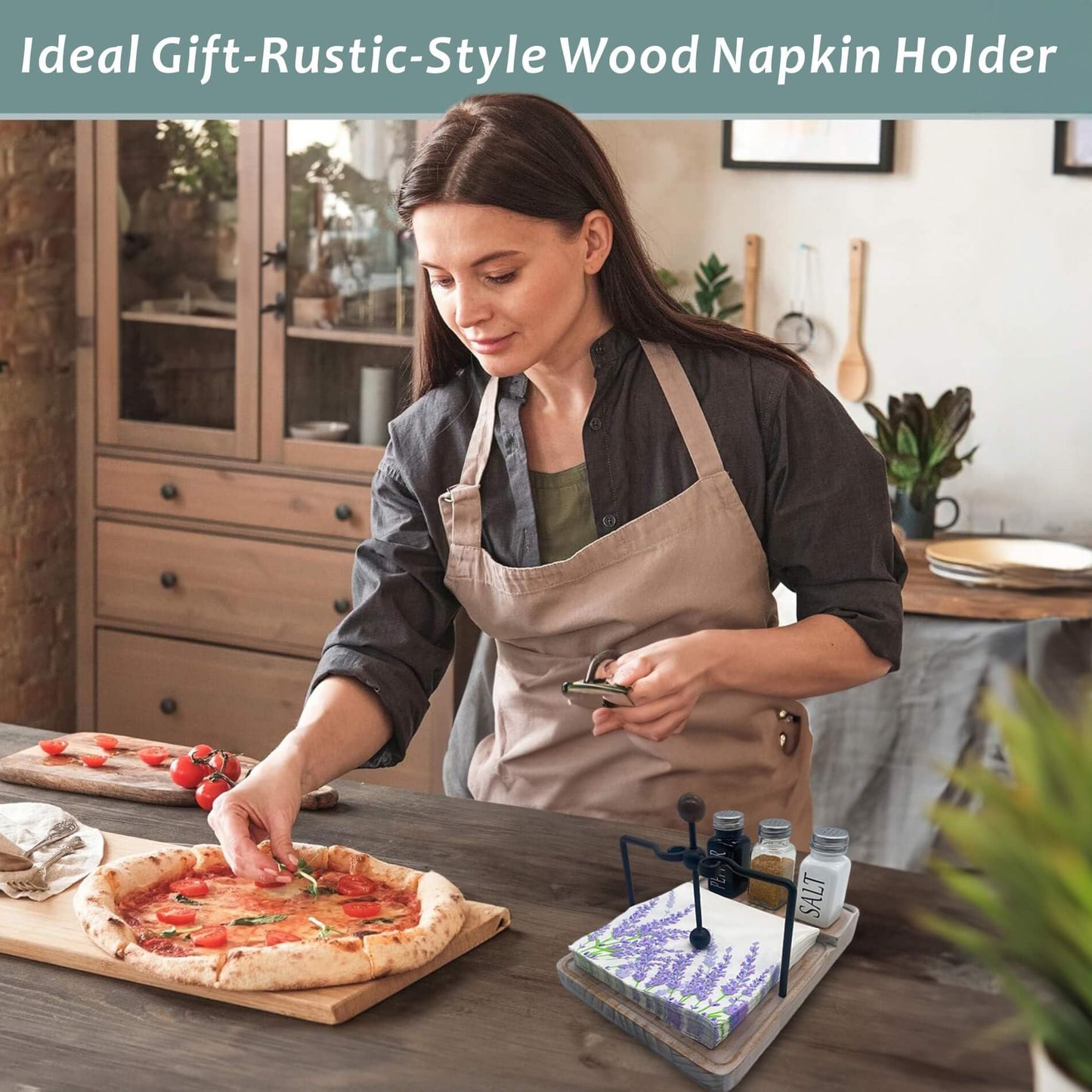 Flat Napkin Holder with Salt and Pepper Shakers, Kitchen Table Decor, 2-in-1 Rustic Napkin Holder for Paper Napkins, Wooden Table Decor for Bar, Kitchen & Dinning Room