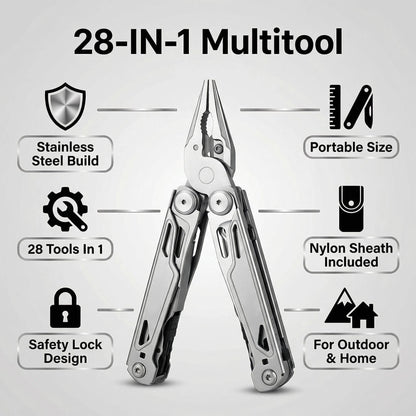 JIEHET Multitool, 28-in-1 Stainless Steel Multi-Tool with Pocket Knife, Self-locking Pliers, Bottle Opener Professional Multi Tool for Outdoor, Survival, Camping, Hiking, Hunting - Silver