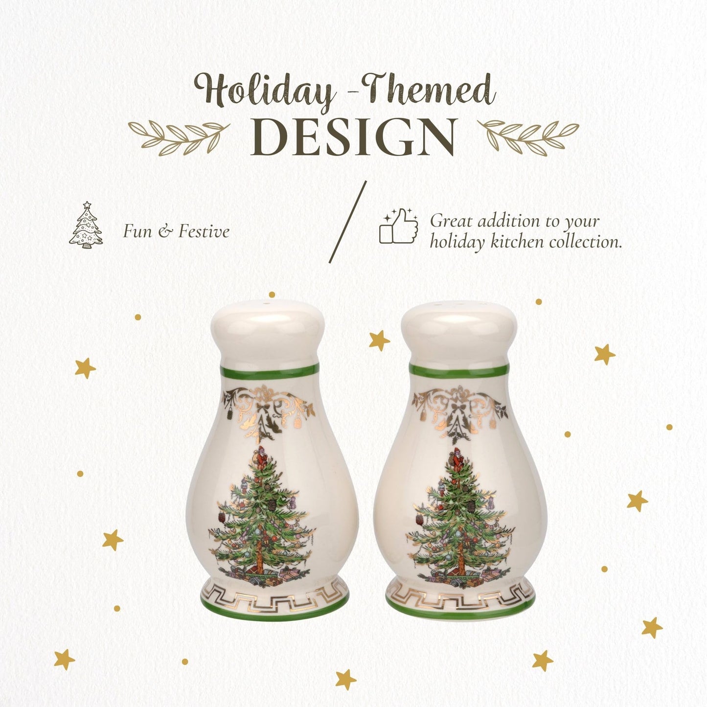 Spode Christmas Tree Gold Salt and Pepper Shaker Set (2-Piece)- Holiday Kitchen & Table Décor - Festive Home Accent, Christmas Gift/Stocking Stuffer for Collectors & Holiday Enthusiasts