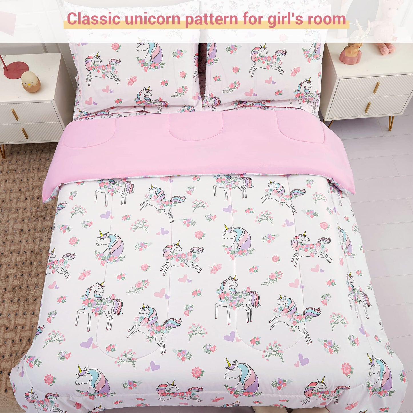 Viviland Kids Twin Bedding Sets for Girls, Soft Twin Comforter Set with Sheets, 5 Pieces Microfiber Bed in a Bag, White Unicorn