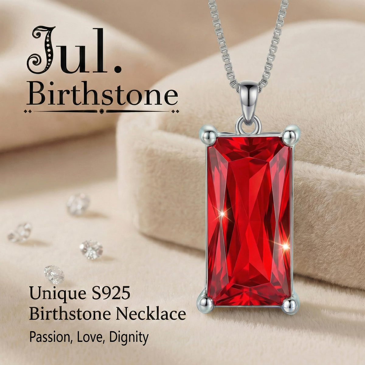 Kuschelkatze 8mm x 16mm Square July Birthstone Ruby Pendant Necklace – Fashion charming Sterling Silver Gift for women