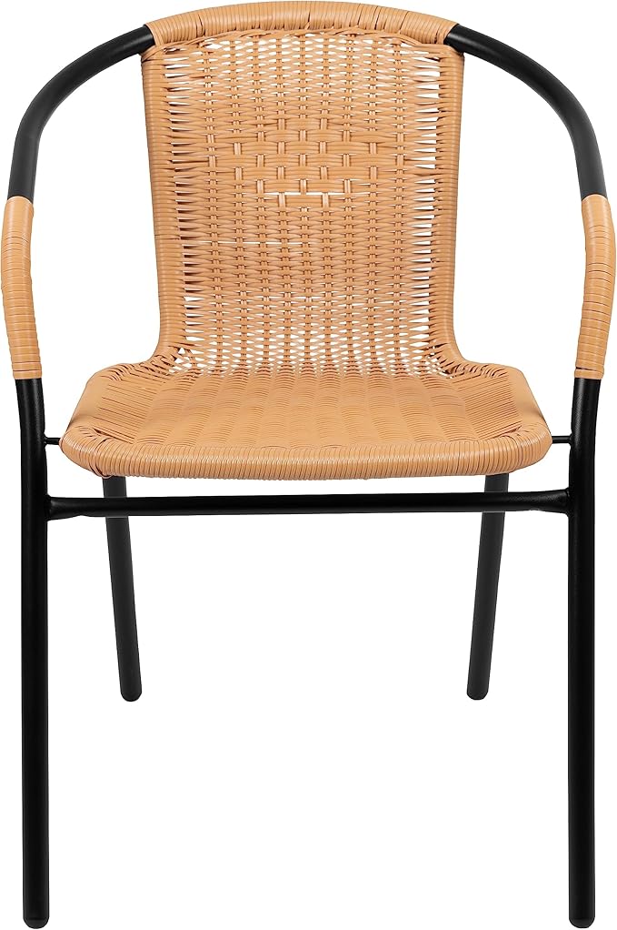 EMMA + OLIVER Set of 4 Modern Rattan Indoor/Outdoor Stack Chairs, Stacking Rattan Patio Chairs with Curved Back and Cross Bracing, Beige
