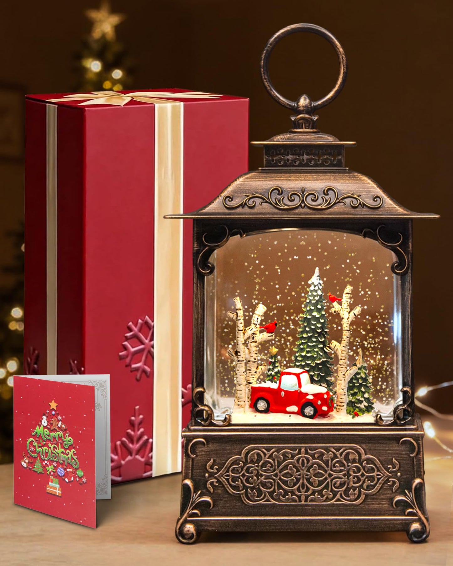 Christmas Snow Globes Light up Snowglobes Christmas Lantern with 8 Songs, 10.43" Christmas Snow Globes for kids adults, 6H Timer & Dual Power, Lighted Christmas Decorations Indoor, Gifts for Women Men