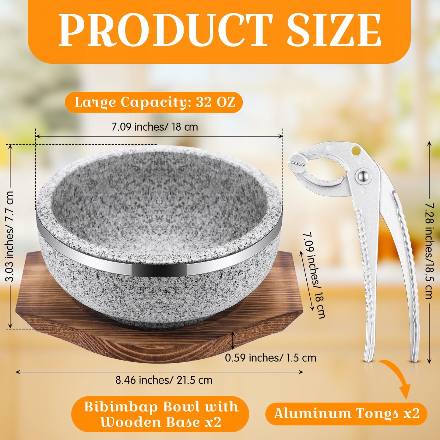 Lallisa 2 Set Dolsot Bibimbap Stone Bowl with Wood Base and Aluminum Tongs Dolsot Pot Stone Bowls Sizzling Hot Pot for Korean Restaurants, Soup, Rice, Stew(32 oz)