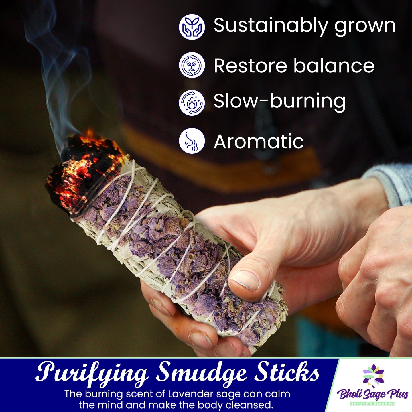 Lavender with White Sage - Bholi Sage Plus Sage Incense Sticks for Cleansing Negative Energy, Sage Sticks for House Cleansing - Lavender with White Sage Smudge Sticks Pack of 4