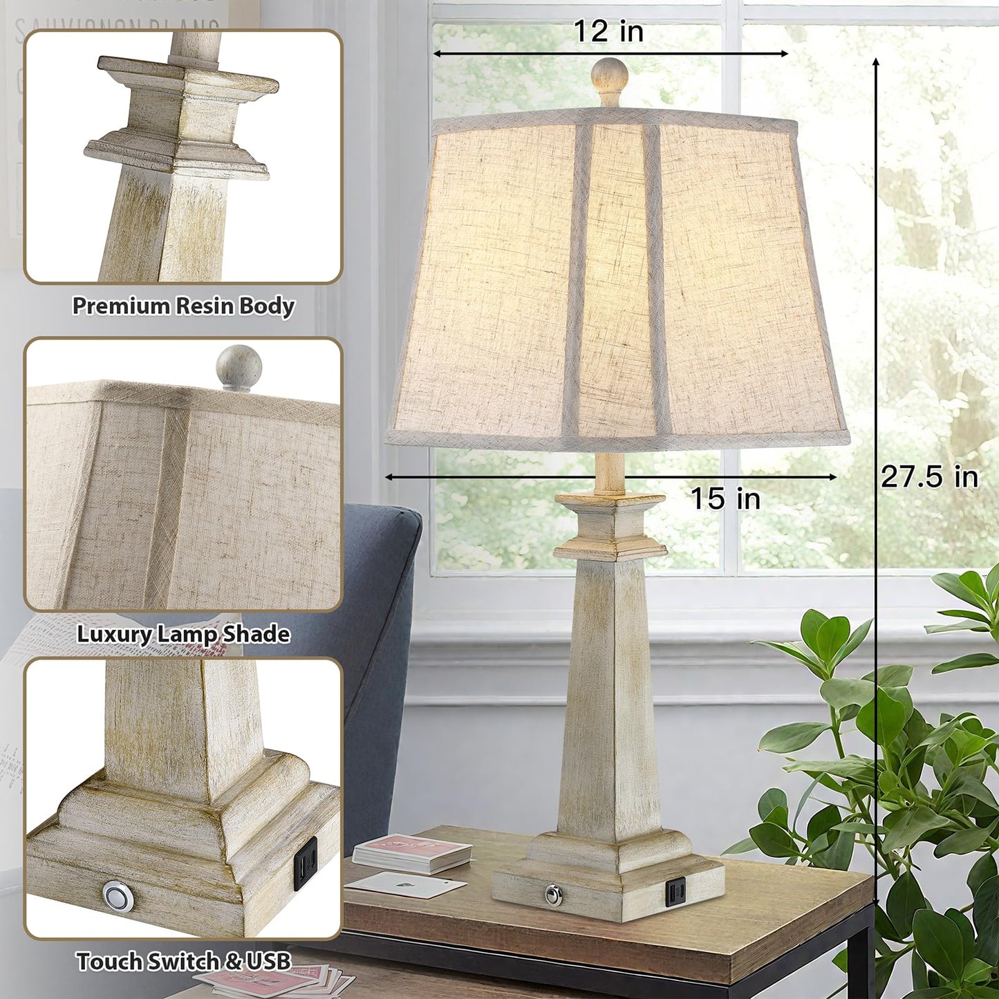 Hapcrea 27.5" Table Lamps Set of 2, 3-Way Dimmable Touch Lamps for Nightstand, Farmhouse Table Lamp for Living Room and Bedroom with USB A+C Charging Ports, Bulbs Included (Antique White)
