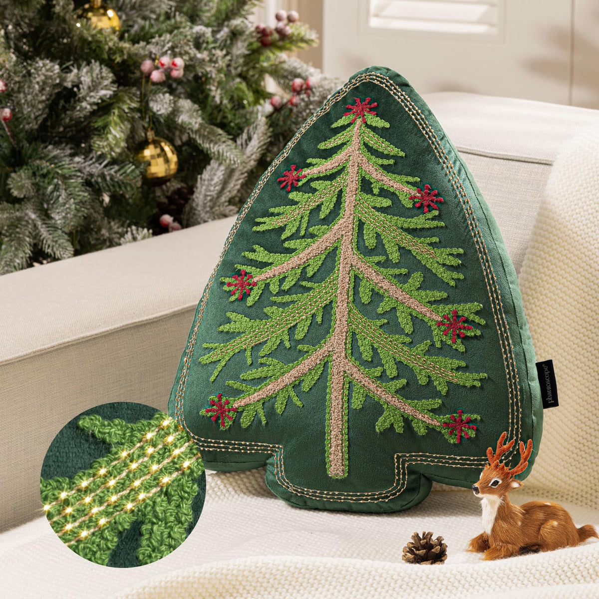 Phantoscope Merry Christmas Tree Decorative Throw Pillow, Velvet Beads Embroidery 3D Shaped Cushion, Green, 18 x 14 in