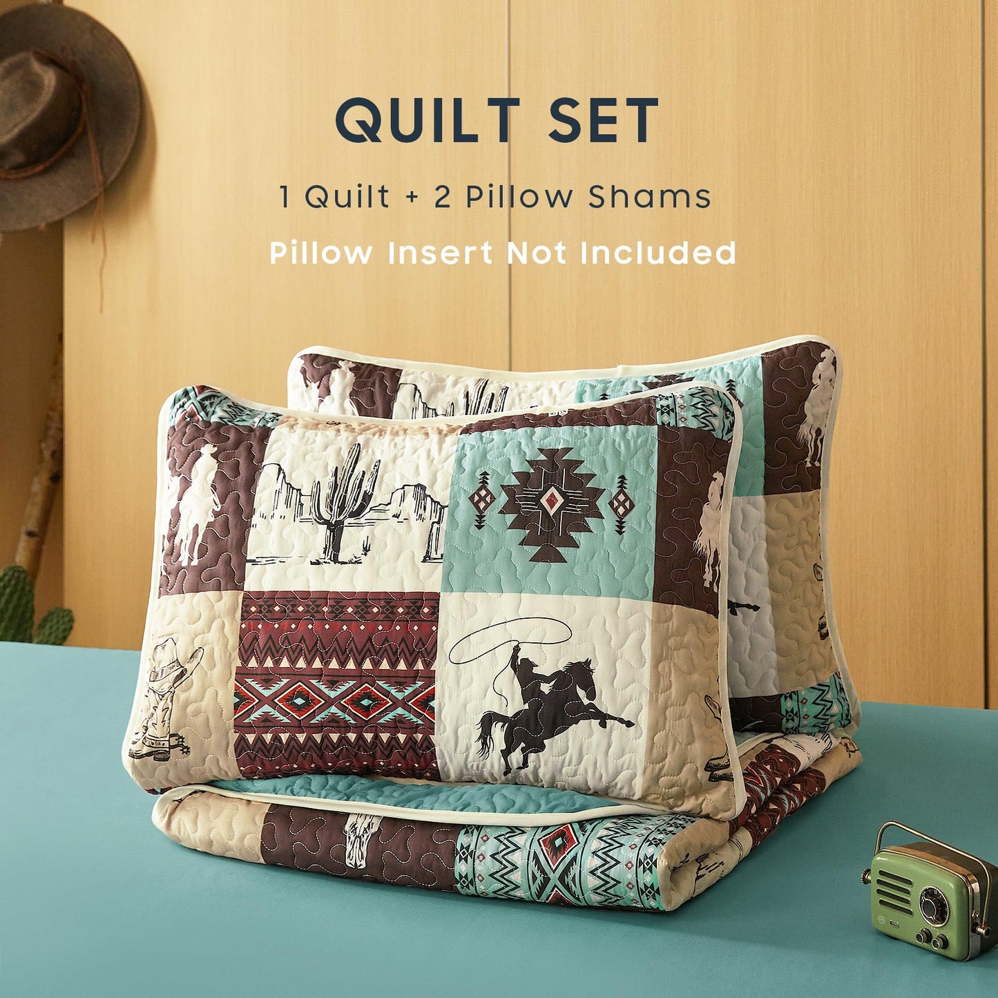 Wake In Cloud - Western Quilt Set, Southwestern Aztec Country Horse Cowboy Rustic Ranch Pattern Printed, Reversible Lightweight Bedspread Coverlet, 3 Pieces, Turquoise Taupe, Queen/Full Size