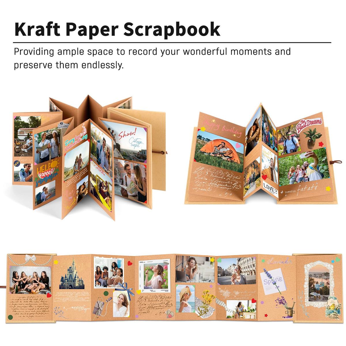 Mauproy 6 x 8 Inch Small Scrapbook Album with Brown Pages, Stretchable Folding Photo Album with DIY Accessories Kit, Hardcover Memory Book Accordion Adventure Scrapbook