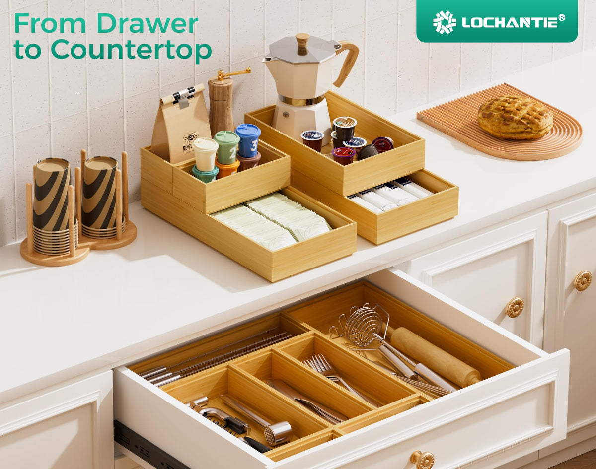 Long Bamboo Kitchen Drawer Organizer Boxes – 17" x 6" Stackable Wood Silverware Utensil Tray for Drawers Bins Cutlery & Flatware Storage – Wooden Pantry Organizers Set of 2 for Junk Drawer Bathroom Rv