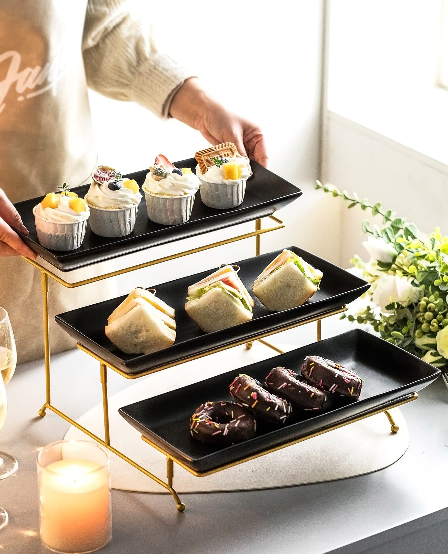 LYEOBOH 3 Tier Serving Tray Set, Tiered Serving Stand with Platters, Serving Dishes for Entertaining Halloween Christmas Party, Collapsible Sturdier Stand & 14 Inch Large Platters for Food Display