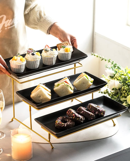 LYEOBOH 3 Tier Serving Tray Set, Tiered Serving Stand with Platters, Serving Dishes for Entertaining Halloween Christmas Party, Collapsible Sturdier Stand & 14 Inch Large Platters for Food Display
