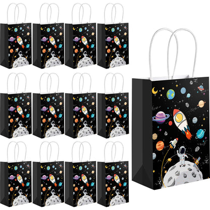 Outus 24 Pcs Outer Space Gift Bags Paper Space Treat Bags with Handles Planet Galaxy Party Favor for Birthday Galaxy Theme Party Supplies