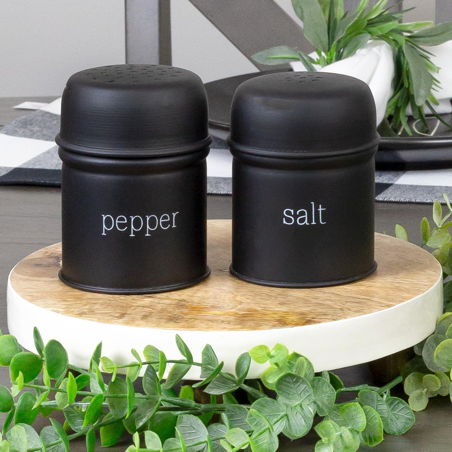 AuldHome Design Salt and Pepper Shaker Set (Black); Contemporary Modern Farmhouse Retro Enamel Style Shaker Set