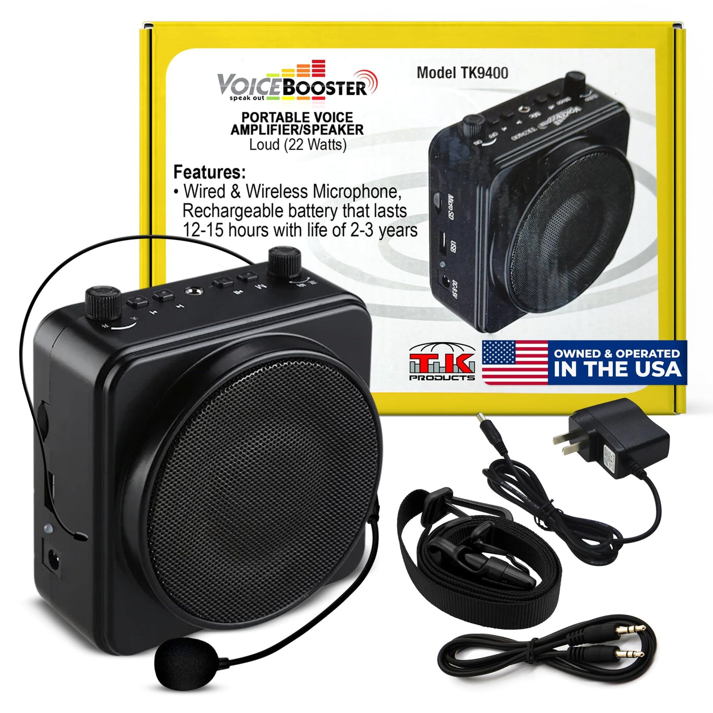 Voicebooster Speak Out Personal Voice Amplifier – Rechargeable Portable Megaphone Speaker with Wireless or Wired Microphone Headset for Classroom Teachers, Tour Guide, Public Speaking – 22watt TK9400