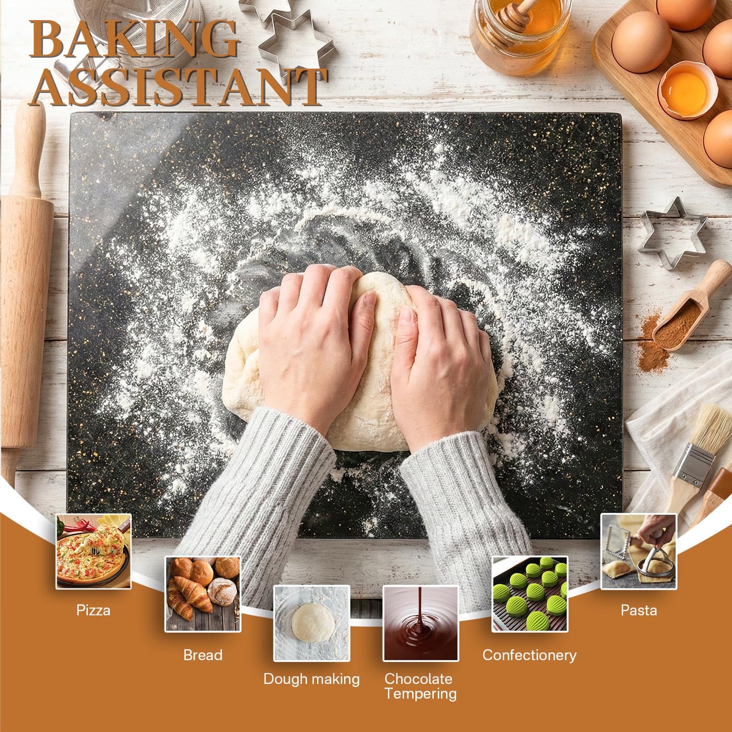 DACHUN Natural Granite Cutting Board For Kitchen,With Non-Slip Feet,For Cake Dough,Large Marble Stone Pastry Slab 16x20 Inch, Black