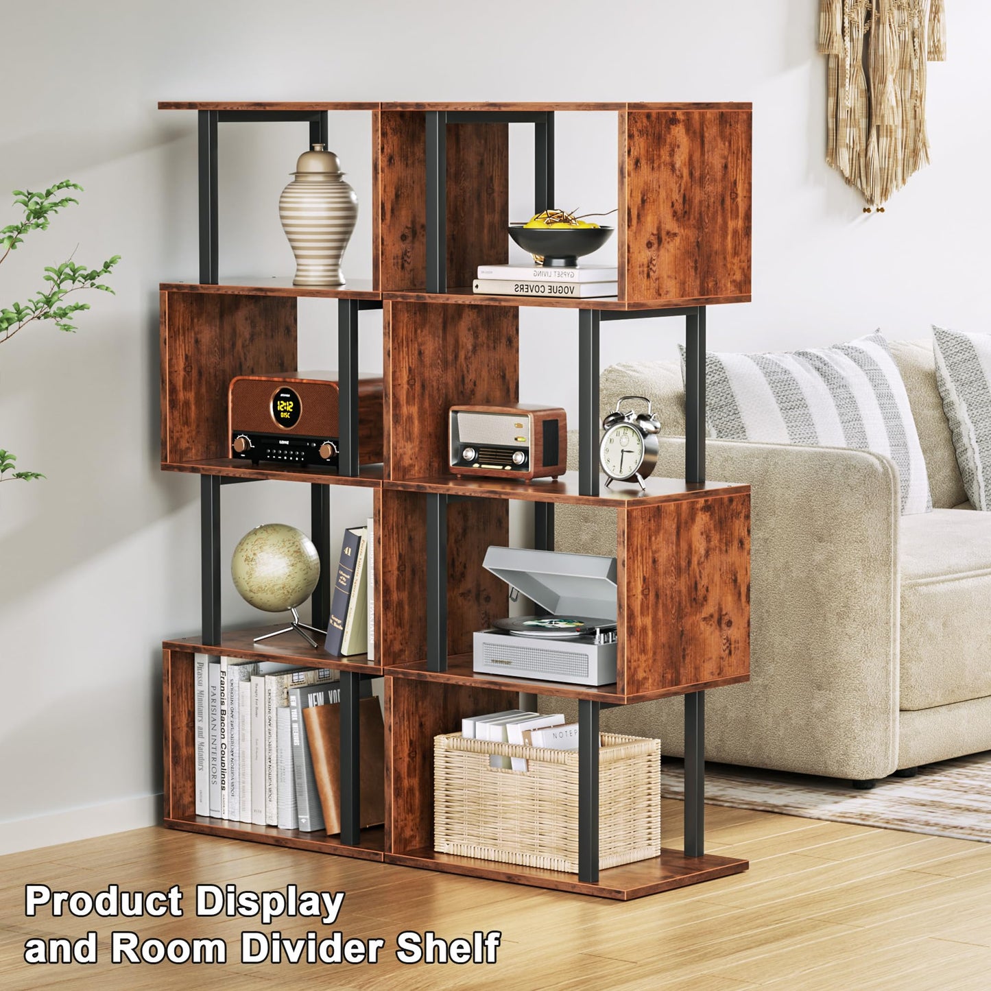 Furologee 5 Tier Bookshelf, S Shaped Geometric Bookcase, Narrow Freestanding Display Shelves, Modern Wood Decorative Storage Rack for Bedroom, Living Room, Home Office, Rustic Brown
