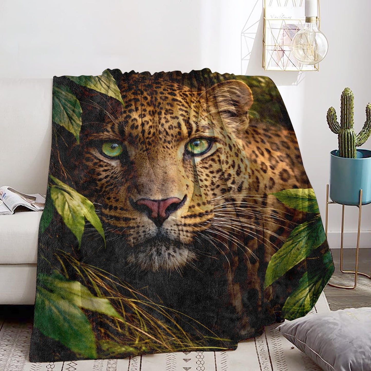 Leopard Blanket Soft Cozy Realistic Wildlife Close Up Animal Face Flannel Throw Blanket, Gifts for Men Adults, Warm Yet Lightweight Blankets for Travel, Couch, Bed, Fuzzy Decor Comfort Wrap 60"×50"