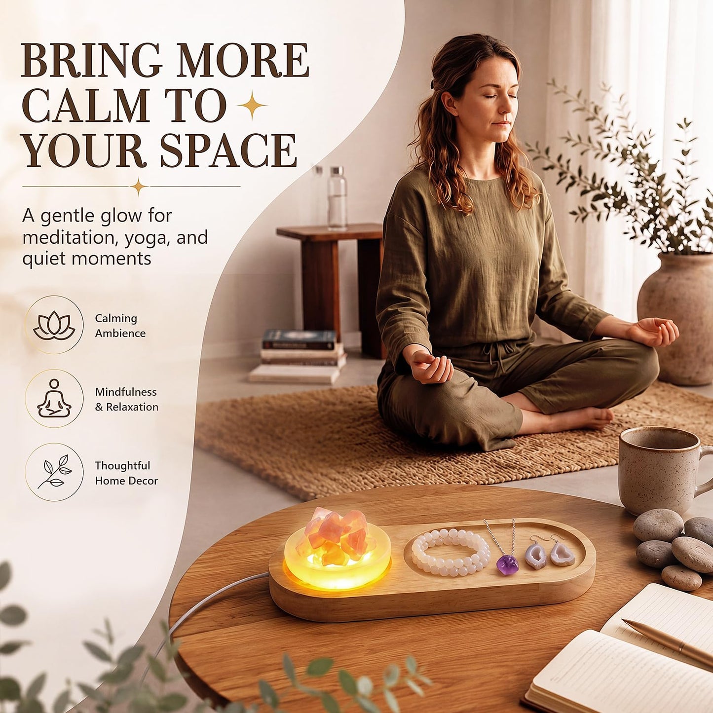 Hushee Light up Wood Jewelry Tray Crystal Holder Set of 3 - Selenite Charging Bowl & Natural Raw Rose Quartz Stone Aesthetic Room Decor for Jewelry Storage, Meditation, Ideal Gift for Women