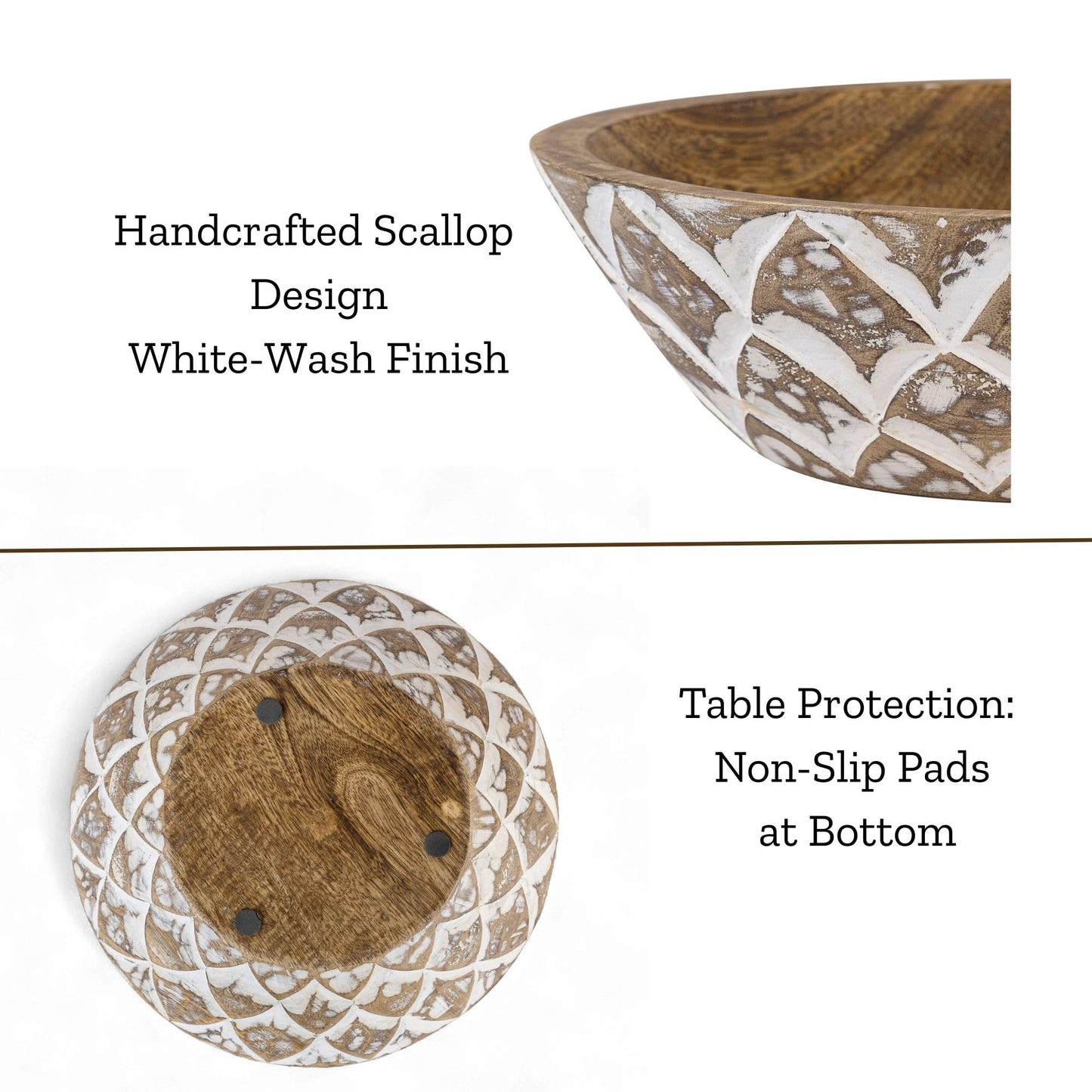 Mie Creations 10'' Decorative Wooden Bowl, Wood Serving Bowl for Fruits, Salad, Desserts, Snacks, Popcorn, Kitchen Counter | Rustic Table Centerpiece Thanksgiving Christmas Decor- 10x3 inch Whitewash