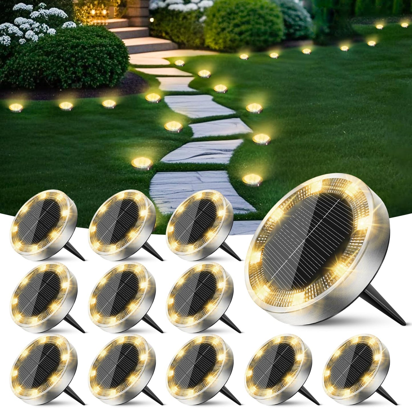 Peasur Solar Lights Outdoor Waterproof -12 Pack Solar Ground Lights Anti-Rust, Flat Solar Powered Disc Lights Landscape Lighting for Deck Step Patio Yard Pathway Walkway Driveway Garden, Warm White