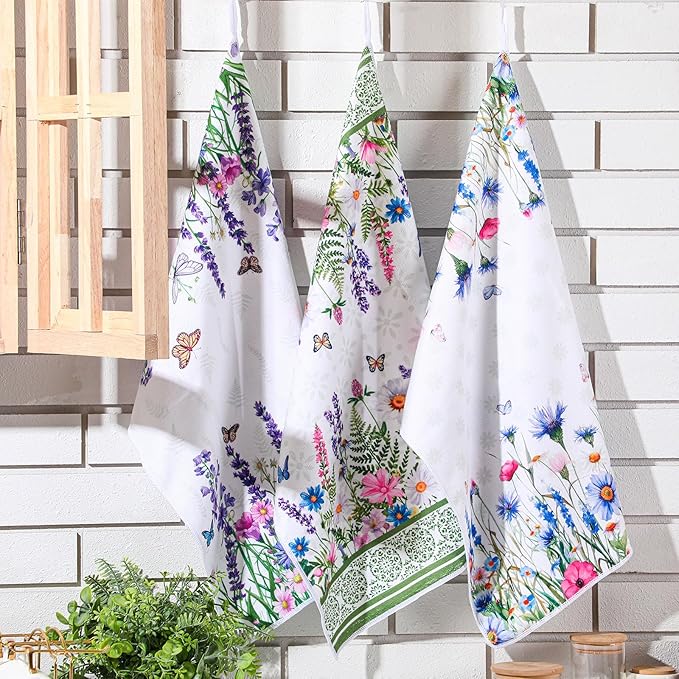 Geyoga 6 Pcs Spring Floral Kitchen Towels Flamingo Dish Hand Towels Sunflower