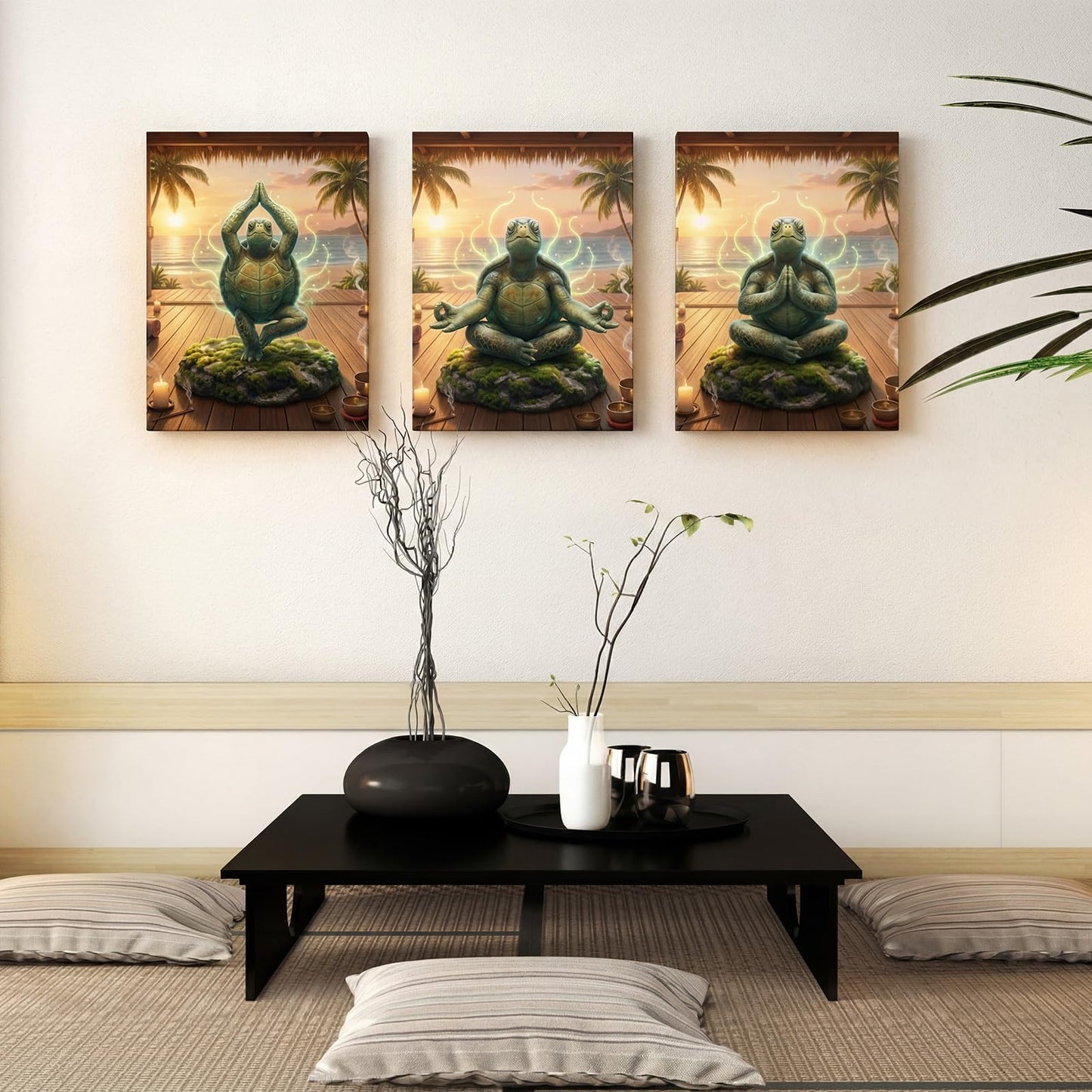Yalikop 3 Pcs Sea Turtle Meditation Zen Wall Art, 12x16 Inch Calming Wall Decor, Yoga Turtle Canvas Painting Meditation Poster Print for Living Room Yoga Bedroom Hotel Framed Office Decoration