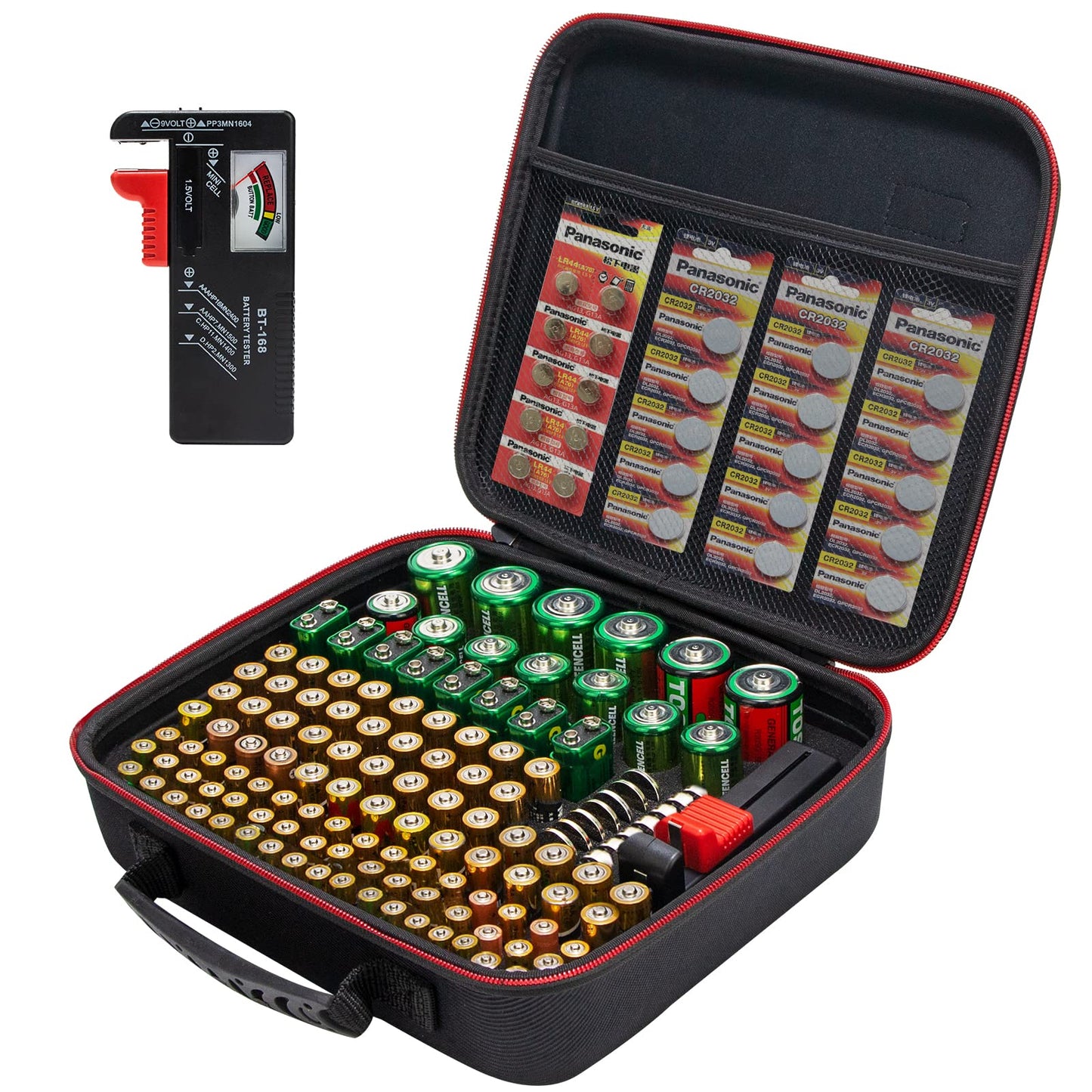 Glamgen Battery case organizer with Tester (BT168), Battery Storage case Holds 126 Batteries Various Sizes AAA AA C D 9V Lithium 3V, Batteries Holder Organizer