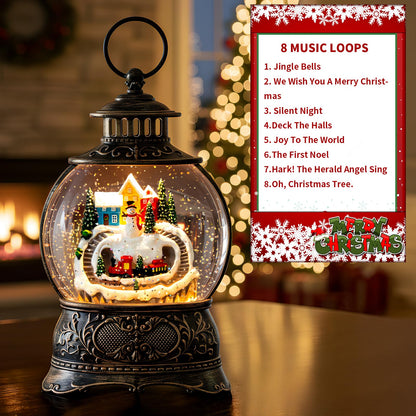 Christmas Village Snow Globe Lantern – LED Musical Swirling Glitter Water Globe, Snowy Village with Train, Battery or USB Powered, Auto Timer – Tabletop Decor & Gift