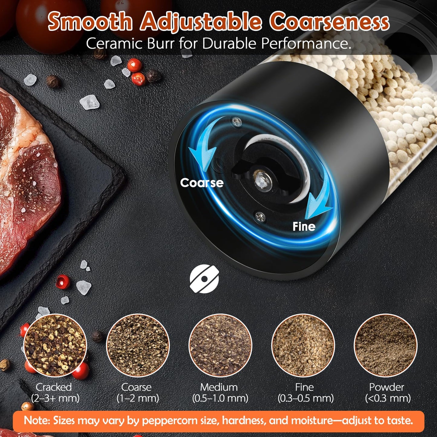 Hxro Electric Salt and Pepper Grinder, 120ml Capacity, 4 Level Timer, Salt and Pepper Mill with LED, USB Rechargeable, Adjustable Coarseness Grinder for Kitchen (2, Black&White Set)