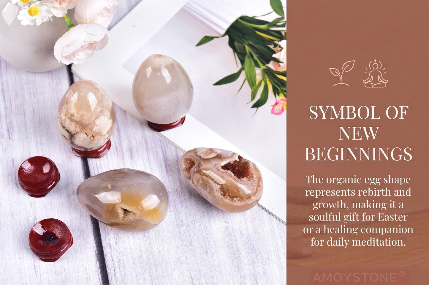 AMOYSTONE Sakura Agate Egg 2.3-2.7" Display Piece with Wood Stand for Office Decor - Unique Banded Natural Stone, Statement Shelf Decor for Living Room 5.3oz
