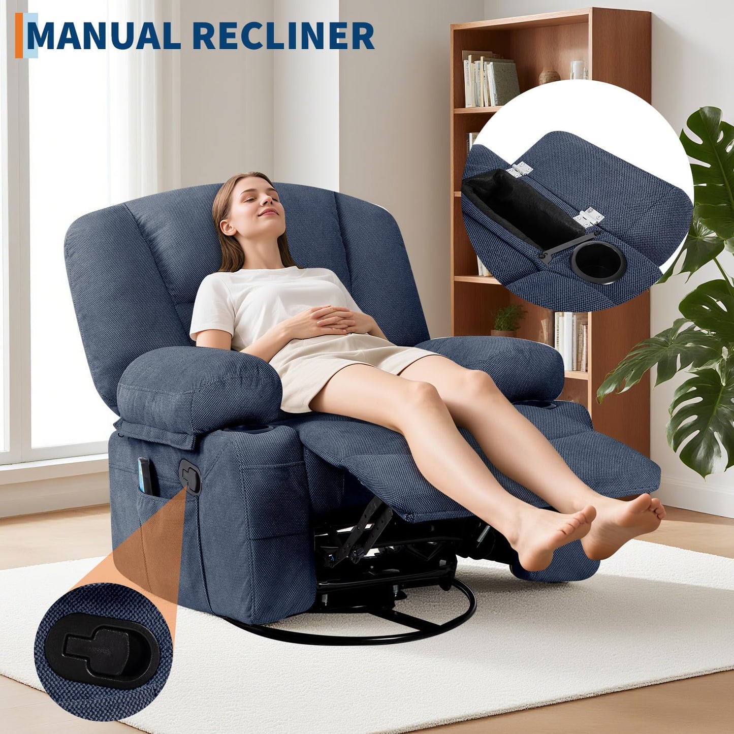 Oversized Wide Recliner Chair with Vibration Massage and Heat, 360° Swivel Recliner Glider for Adults,Chenille Fabric Manual Reclining Single Sofa with Cup Holders & Side Pockets for Living Room,Blue