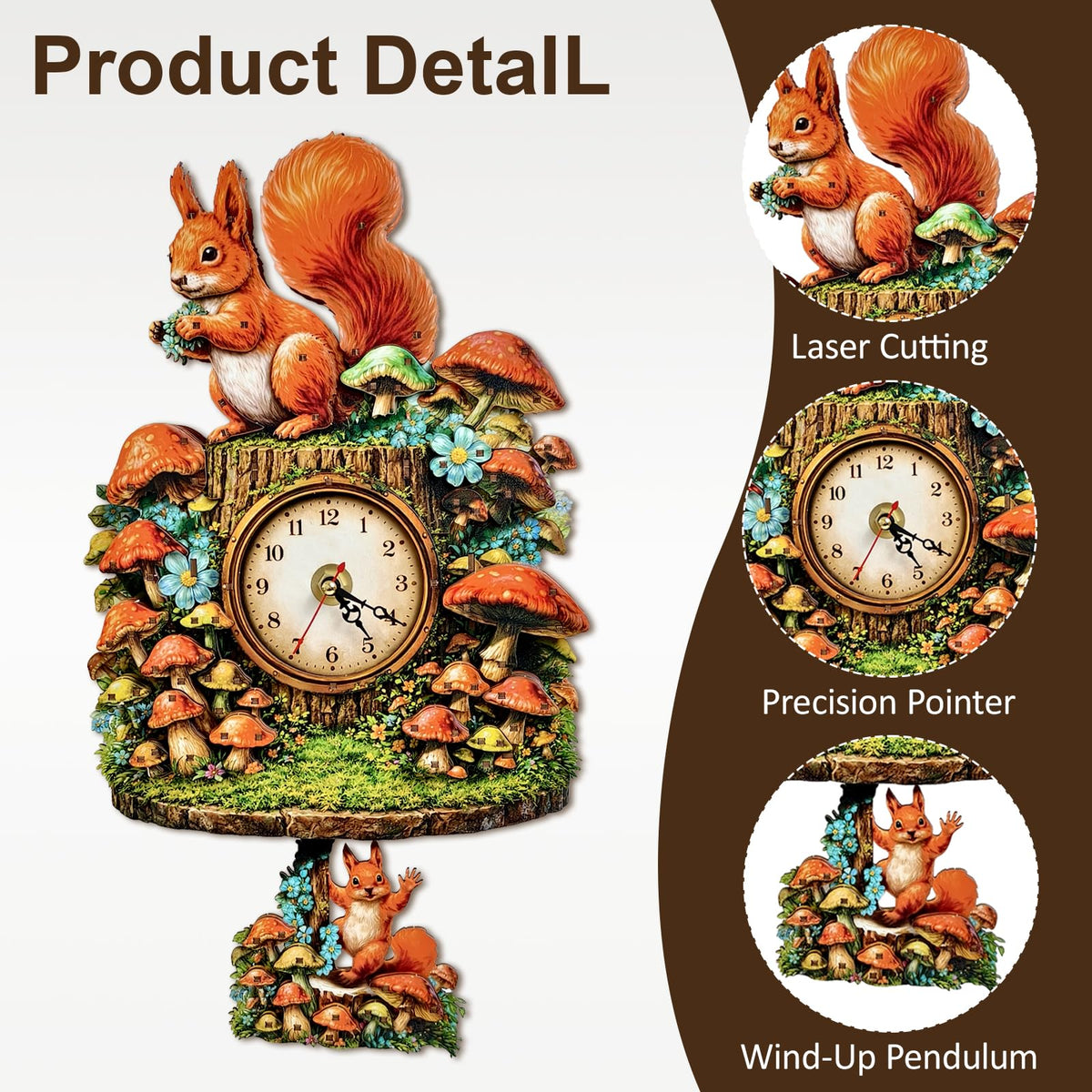 NIUNIUAMY 3D Wooden Puzzle Squirrel Clock Mechanical DIY Model Kit with Pendulum Forest Animal Gear Desk Clock Mushroom Decor Challenging Craft Gift for Adults Men Women
