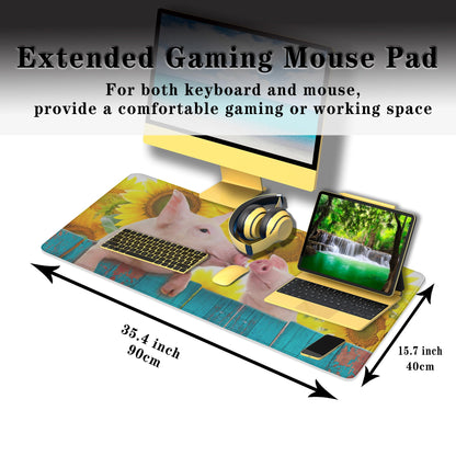 Samgula Keyboard Mat Yellow Blue Long Mouse Pad, Computer Mat Large Desk Pads, Big Desk Mat Non-Slip Rubber Base, 35.4 X 15.7 inch for Work/Game/Office/Home Funny Pig Hanging on A Fence. Studio Photo.
