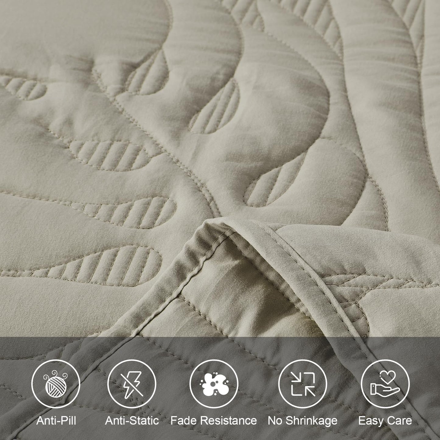 DaisyHuang Quilt Set Queen Size -Leaves Pattern Stitching Quilt Set - Elegant & Fresh Style Bedding Coverlets, Ultrasonic Quilting, Reversible, Lightweight, 4 Piece, Taupe