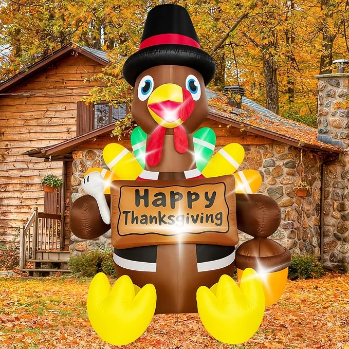 Thanksgiving Inflatables Turkey Outdoor Decorations 6FT Fall Inflatable Turkey with Built-in LED Lights with Colorful Tail Blow up Outdoor Lawn Yard Decoration