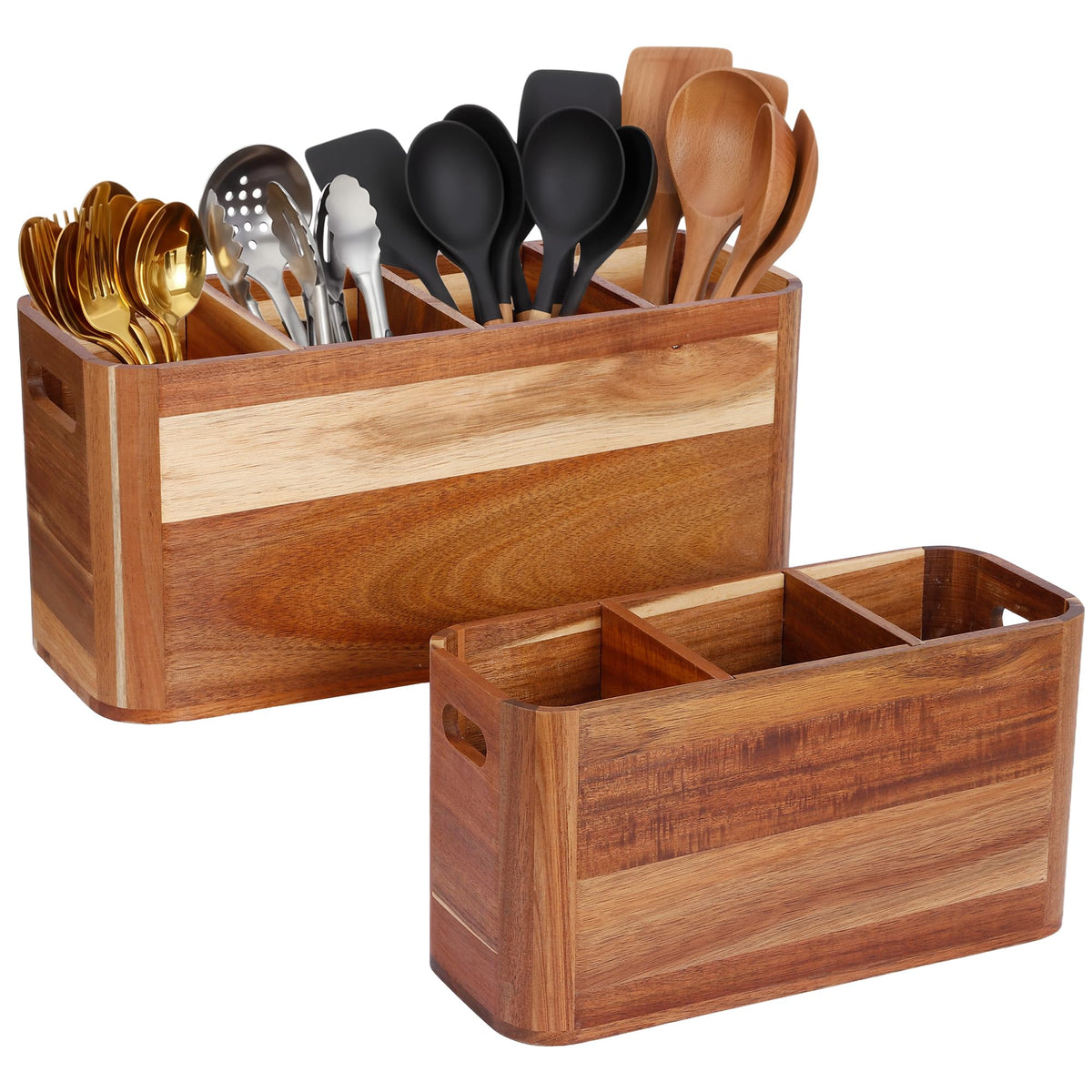 2PC Wooden Kitchen Utensil Holder for Countertop - Wall-mountable Large 4+3 Compartment Acacia Wood Organizer, Rustic Minimalist Utensil Crock for Cooking Tools and Flatware Storage