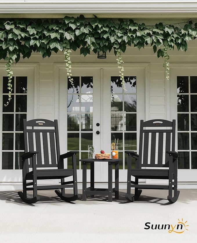 Oversized Outdoor Rocking Chairs Set of 4, High Back Porch Rocker Chair, HDPE All Weather Resistant Rocking Chairs for Patio, 380lbs Weight Capacity, Black