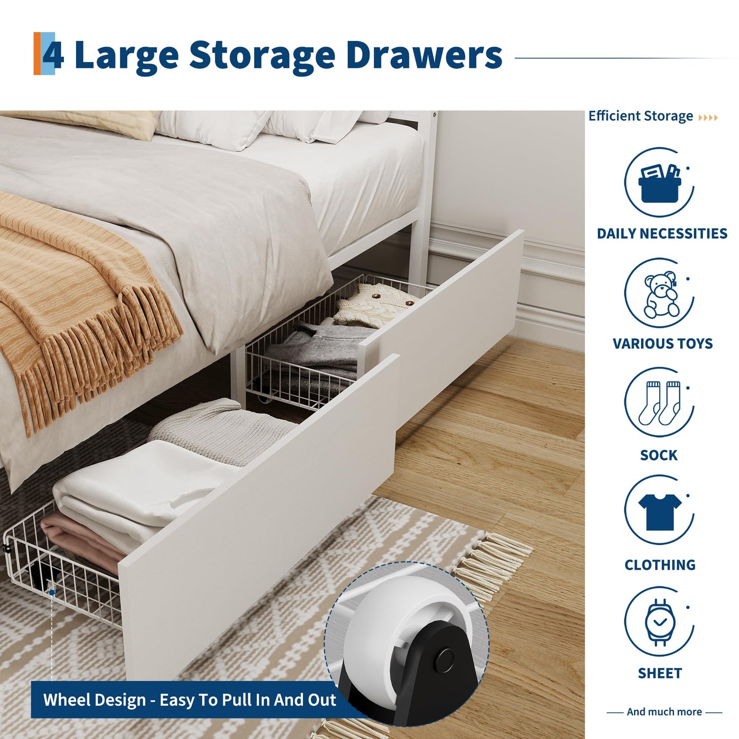 Garvee Rattan Full Bed Frame with LED Headboard (7 Colors), Boho Cane Platform Bed with 4 Large Drawers, Strong Metal Slats Support, Noise Free, No Box Spring Needed, Easy Assembly, White