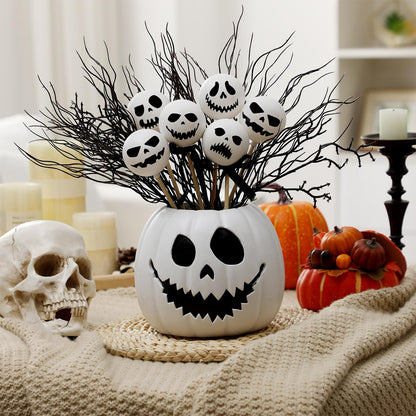 Wiwiqing Halloween Table Centerpieces Decor Resin Pumpkin Vase with Artificial Ghost Skull Face Balls Branch Flower Soil, Retro DIY Spooky Pumpkin Vase for Home Kitchen Indoor Decoration(Scary Face)