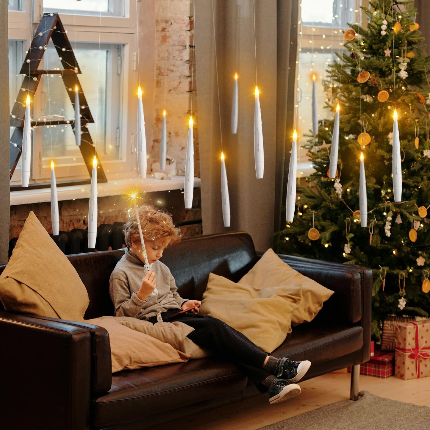JOIONE Floating Candles with Wand, 12 Pack Hanging Candles with Magic Wand Remote, Battery Powered Floating Candles with Wand, Flameless Magic Hanging Taper Candles for Xmas Halloween Decor, White