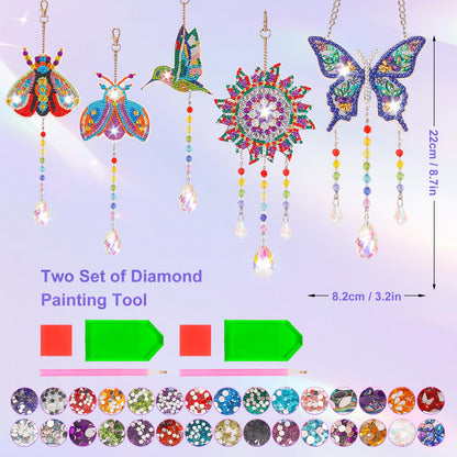 VibyTiby 5 pcs Diamond Art Kit, Suncatcher Craft, Complete DIY Kit with Crystals Pendants for Home Decor, Creative Gift for Crafters
