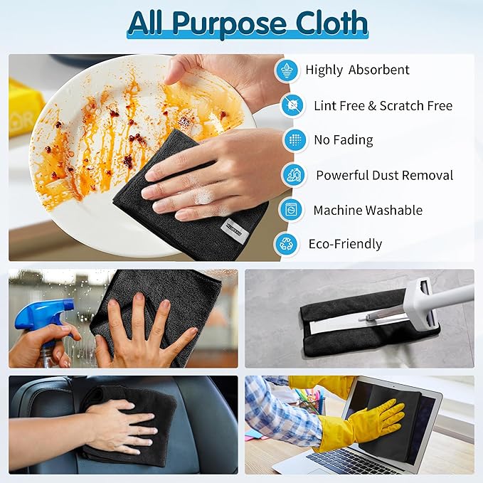 FIXSMITH Black Microfiber Cleaning Cloth -Pack of 8, Highly Absorbent Cleaning