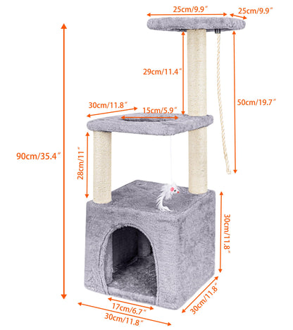 Cat Scratching Post, 90cm Cat Tree for Indoor Cats Multi-Level Stable Cat Tower for Climbing Playing and Relaxation, Grey