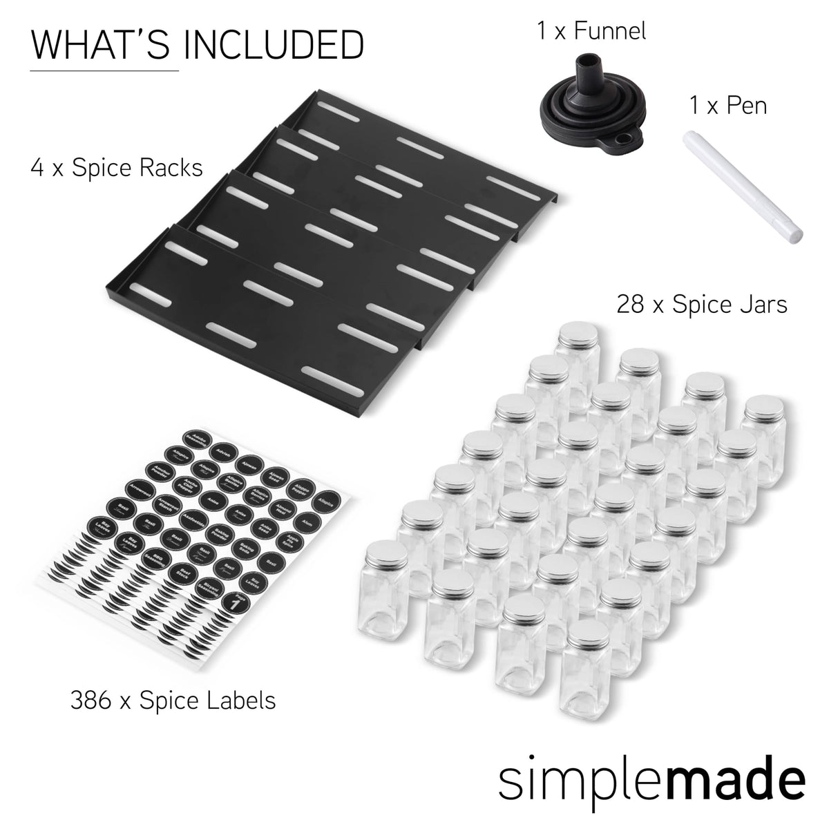 SIMPLEMADE-Spice Drawer Organizer, Spice Rack Drawer for Kitchen, 4 Tier Black Drawer Spice Organizer with 28 Jars and labels with a pen, Silicone Funnel, 13" by 17.5"