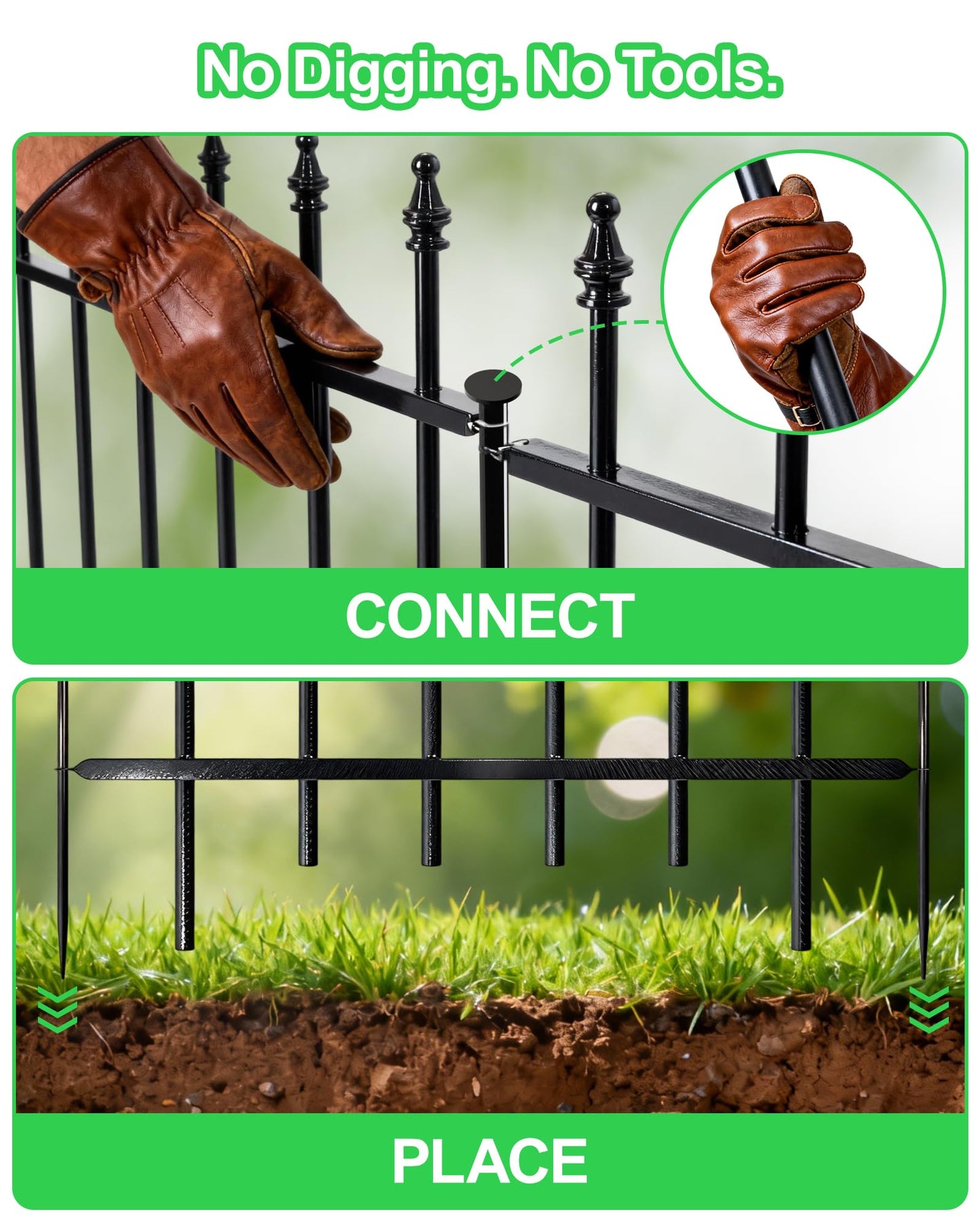 12-Panel Wrought Iron Garden Fence, 24in H x 24ft L, Thickened Hollow Iron Tubes, Multi-Purpose Metal Fence for Dogs, Gardens & Patio