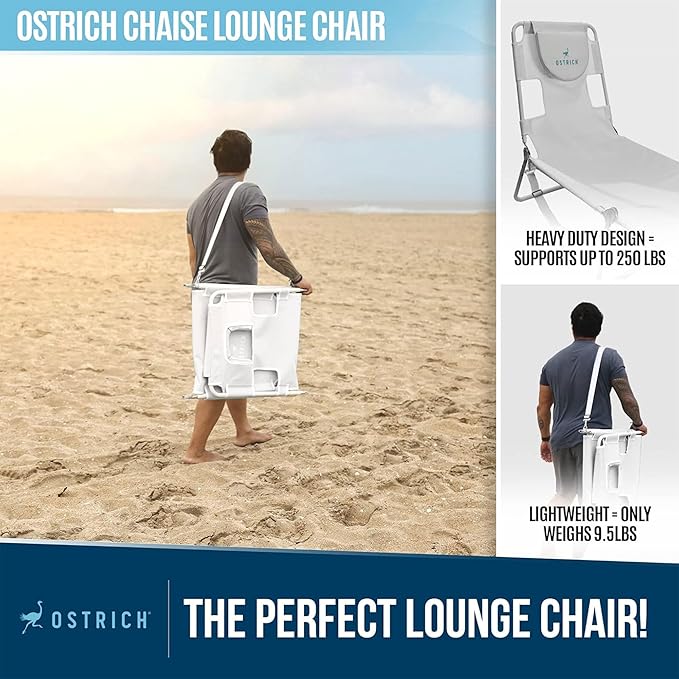 Ostrich 72 by 22 Inch Versatile Chaise Lounge Portable Reclining Lounger, Outdoor Patio, Beach, Lawn, Camping, or Pool Tanning Chair, White