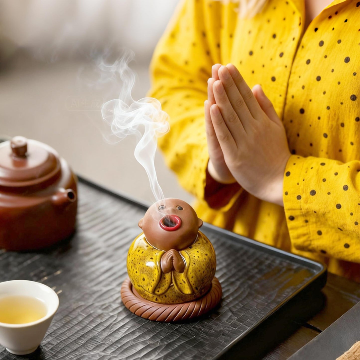 Ceramic Little Monk Incense Burner for Cones & Sticks, Cute Buddha Incense Holder with Mouth Smoke Effect, Zen Home Decor Meditation Gifts