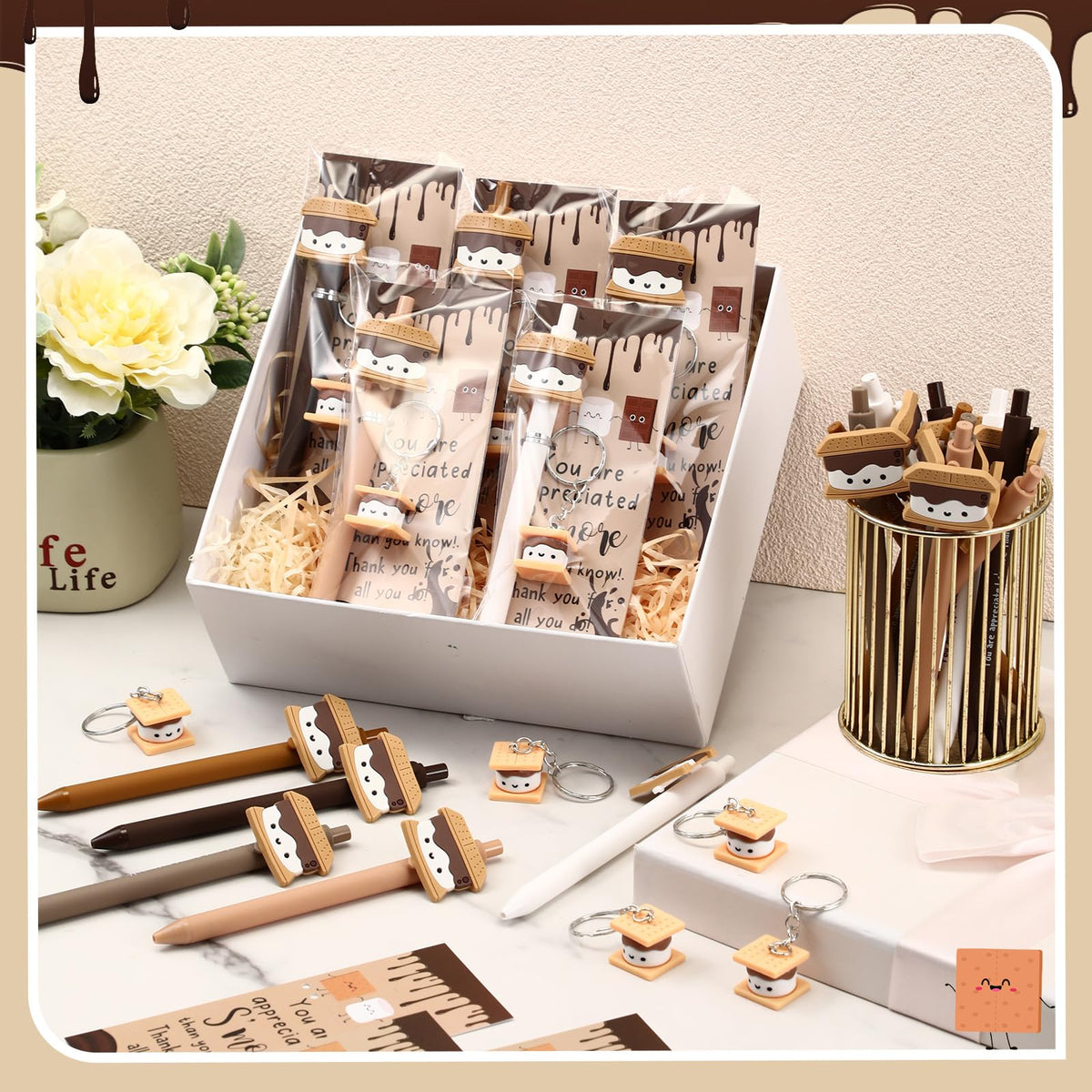 Sayglossy 75 Set Office Inspirational Gifts Bulk S'More Gifts Pens Sets Motivational Marshmallow Ballpoint Pens Keychain Bookmark Appreciation Gift for Teacher Team Employee Staff Coworker