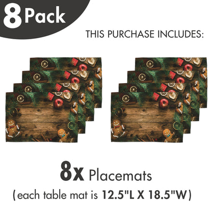 Ambesonne Christmas Place Mats Set of 8, Gingerbread Man Gift Box Coniferous Pine Cinnamon Dessert on Rustic Wood Theme, Washable Fabric Placemats for Dining Table, Placemat 8 pcs, Green and Brown